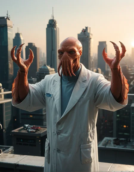 score_9, score_8_up, score_7_up, z01db3rg, alien, lab coat, tentacles, outdoors, cyberpunk, cityscape, rooftop, hands raised, claws
<lora:zoidberg-Pony-v2:1>