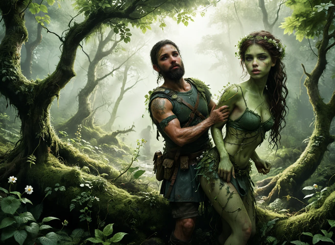 mysterious forest nymph with green skin being attacked by roman soldier with beard, background of lush mossy forest, by Minjae Lee, Carne Griffiths, Emily Kell, Steve McCurry, Geoffroy Thoorens, Aaron Horkey, greg rutkowski, sss green glow in eyes, Jordan Grimmer, amazing depth, intricately detailed, bokeh, perfect balanced, artistic photorealism , smooth, great masterwork by head of prompt engineering, plants, vines with small flowers, full body view, <lora:add-detail-xl:2><lora:NsfwPovAllInOneLoraSdxl:0.2> <lora:xl_more_art-full_v1:0.5> <lora:sss:0.9> <lora:Glowing_eyes_portrait:0.2> <lora:Desolation:0.3>