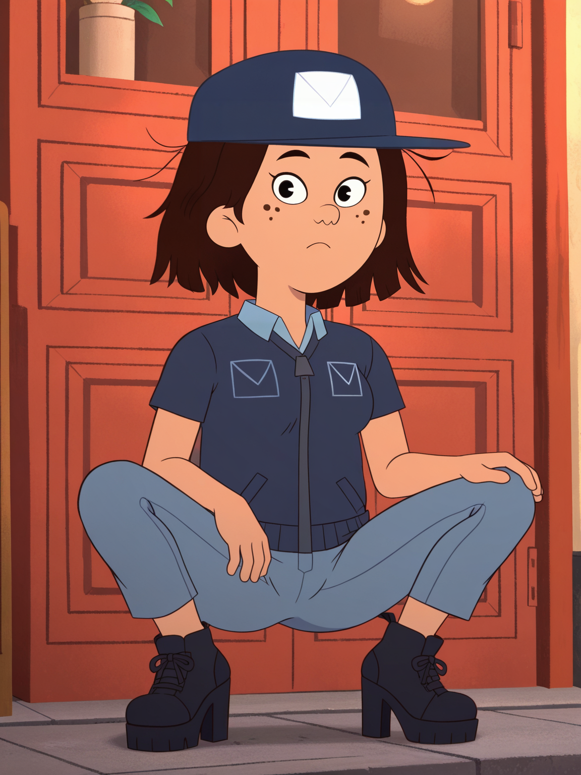 <lora:ThaoIL:0.8> _o, 1girl, short hair, brown hair, black eyes, freckles, baseball cap,
looking at viewer, squatting, front view, spreading legs, platform high heels
