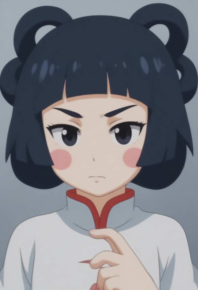 source_anime, anime screencap, source_anime, auratheguillotine, anime screencap, masterpiece, source_anime, shiny skin,,,,,,,,,<lora:jasmineMedi_illustriousXL_v01:1> jasmindef, black hair, blunt bangs, short hair, black eyes, blush stickers, hair rings, sidelocks, small brows, chinese clothes, white dress,