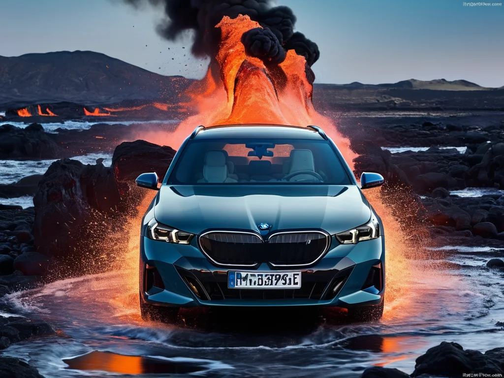 <lora:i5 touring:0.75>,
BMW i5 touring,
A Futuristic car in a lava pool,lava,lava Splash,smoke,melting,splashes,explosion,exploding,hyperdetailed,, masterpiece, best quality,
