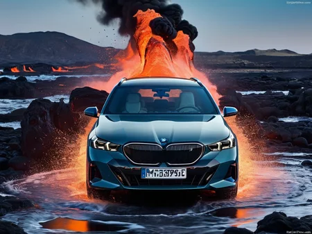 <lora:i5 touring:0.75>,
BMW i5 touring,
A Futuristic car in a lava pool,lava,lava Splash,smoke,melting,splashes,explosion,exploding,hyperdetailed,, masterpiece, best quality,