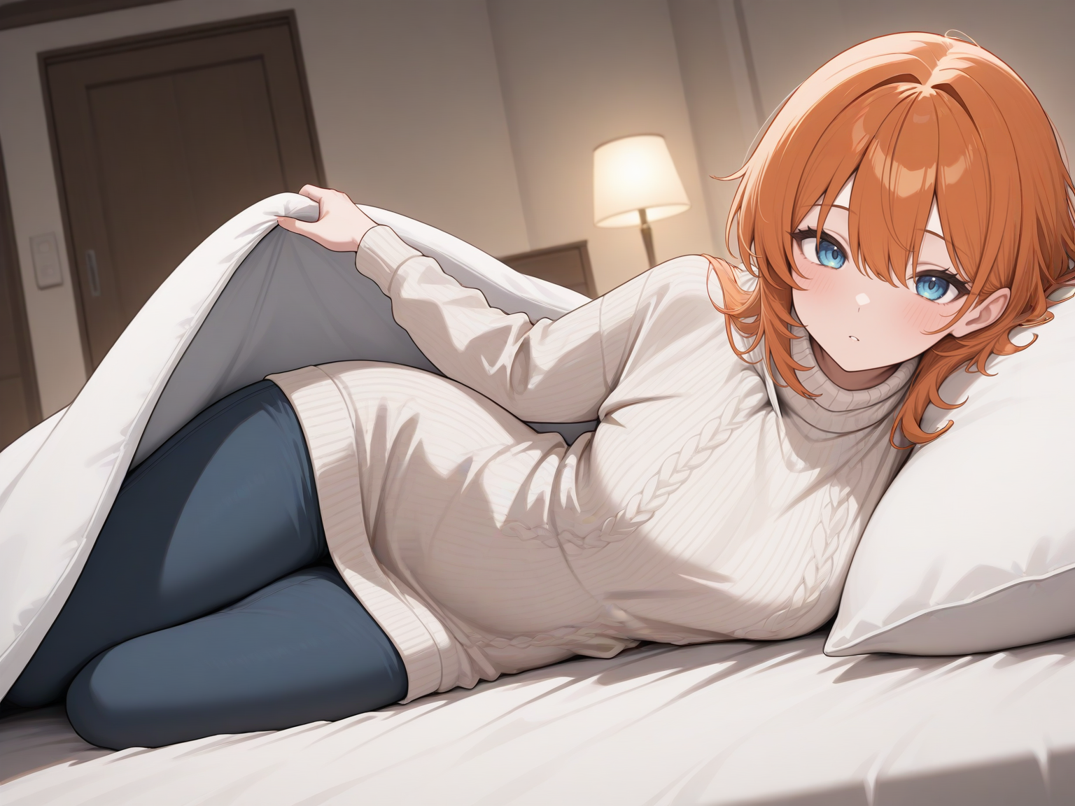 masterpiece,best quality,newest,
1girl, sweater dress, pants,
solo, indoors, lying, on bed, on side, blanket, pillow, bed invitation, looking at viewer, under covers, 
<lora:bedinviteillusxl-10:1>