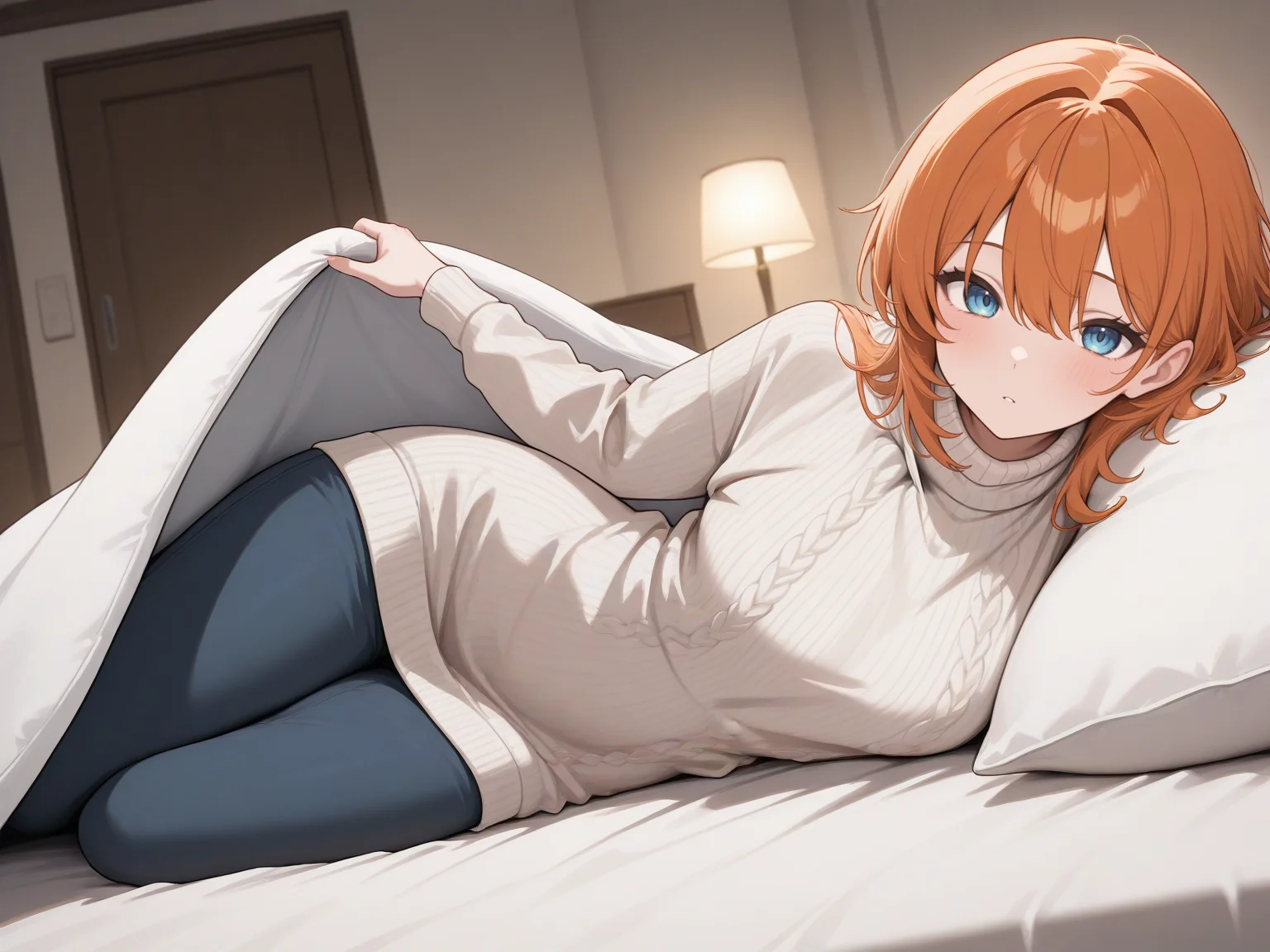 masterpiece,best quality,newest,
1girl, sweater dress, pants,
solo, indoors, lying, on bed, on side, blanket, pillow, bed invitation, looking at viewer, under covers,
<lora:bedinviteillusxl-10:1>