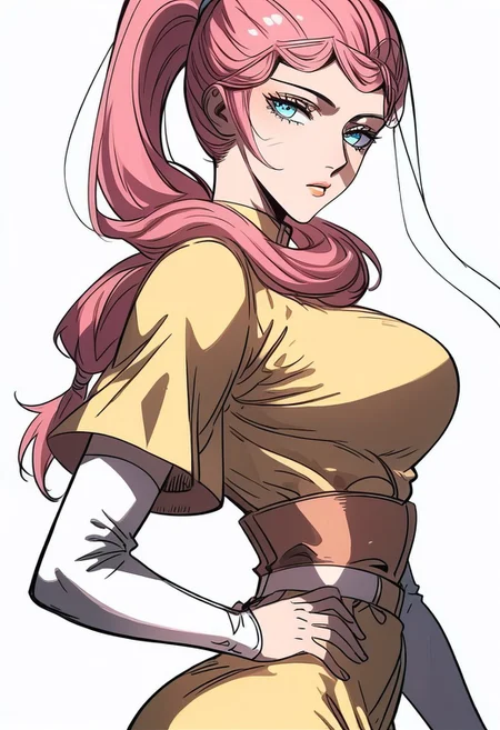 score_9, score_8_up, score_7_up, score_6_up,score_5_up, Expressiveh,
longyuyin, 1girl, ponytail, pink hair, long hair, blue eyes, large breasts, yellow dress, elbow gloves,
detailed face, full color, vibrant color, cowboy shot, dynamic pose, dynamic angle, centered, head tilt, back view, ass, looking back, hand on hip, white background, EyesHD, partially illuminated