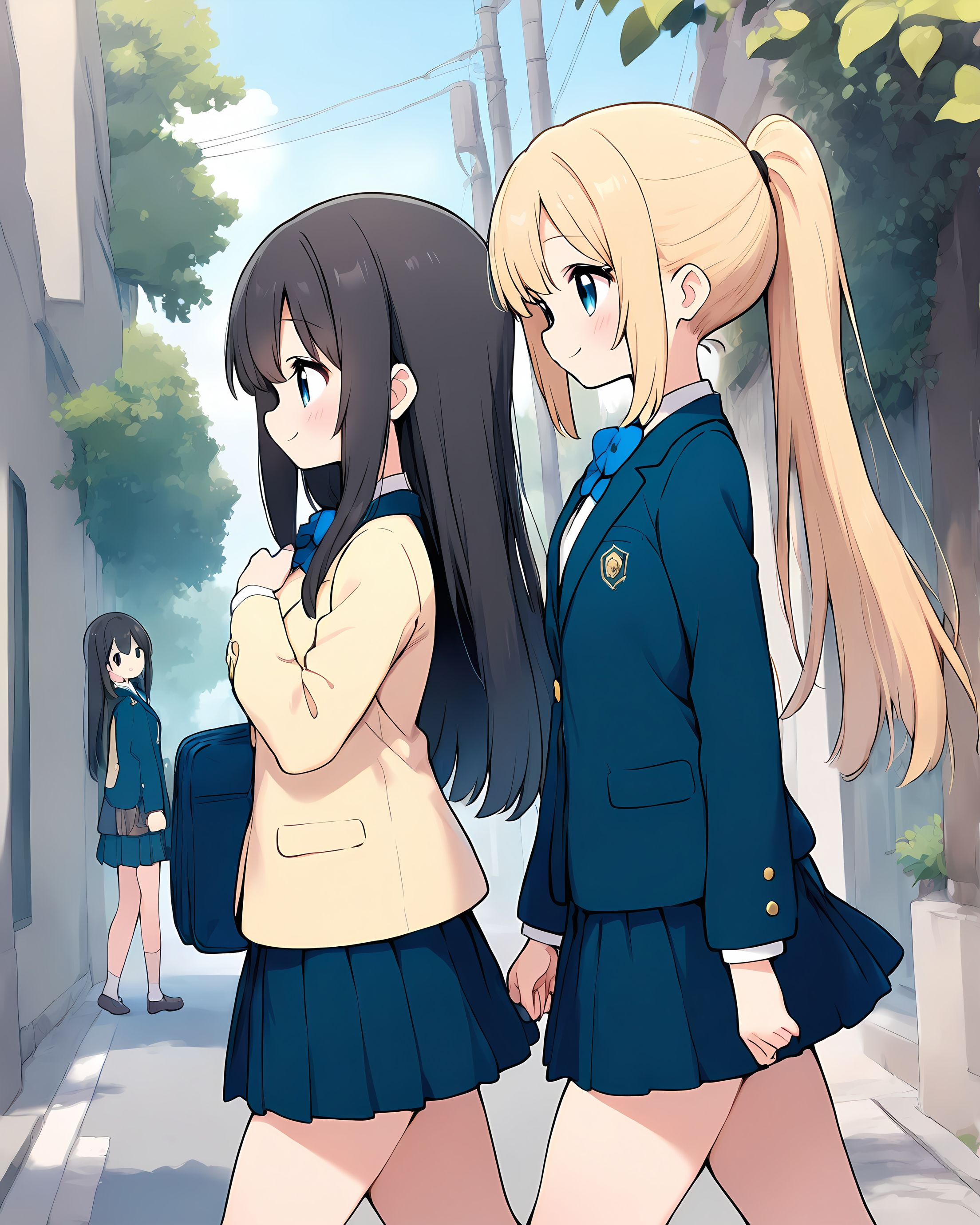 2girl, cowboy shot, from side, cute girl, smile, straight hair, ponytail, blonde hair, black hair, blazer, school uniform, long pleated skirt, walking, looking each other, outdoors, street, <lora:locute_noob11_v3_original:1>