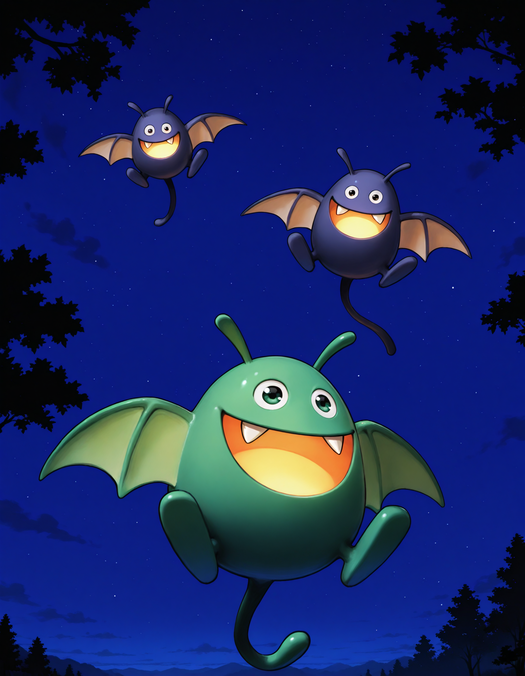 masterpiece,best quality,extreme detailed,full_body,zPDXL3,3others,nature,sky,<lora:Pony_DetailV2.0:1>,night,
BREAK dracky,flying,no humans,:D,<lora:dracky-IL-v1:1>,green skin,doyagao,