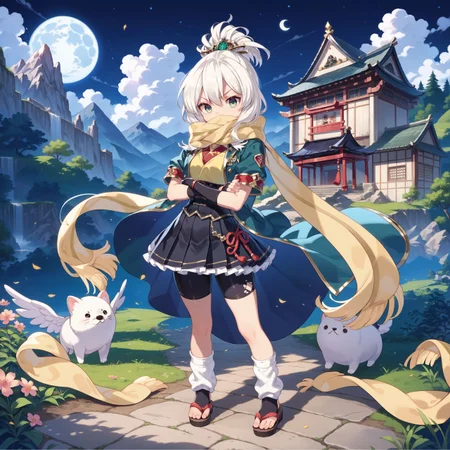 score_max, (score_9, score_8_up, score_7_up:1.2), score_6_up, official art,
masterpiece, absurdres, high detail, 8k,
night, under moon, full moon, japanese castle, mountain landscape, isometric,
standing, crossed arms, drop shadow, serious,
(chibi:1.2), solo, ange, school uniform, yellow scarf, covered mouth, green jacket, cropped jacket, open jacket, short sleeves, multicolored shirt, corset, black skirt, plated skirt, black gloves, fingerless gloves, bike shorts, leg warmers, black footwear, sandals,
<lora:XL_Pony_gomaotsu-angelica-t1:0.9>