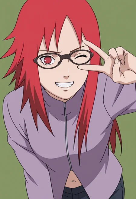 masterpiece, best quality, amazing quality, anime coloring, anime screencap, 1girl, <lora:DX888KarinIL:1> uzumaki karin, red hair, red eyes,long hair, glasses, jacket, navel, grin, one eye closed, BREAK simple background, green background BREAK from above, v over eye,