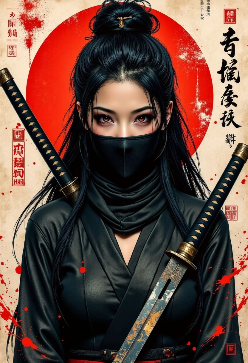 ultra realistic, masterpiece, high detailed skin, best quality, high res, very aesthetic, absurdres, anime style, studio anime, source_ecchi, anime, ((ecchi)), ((nsfw)), (finely detailed face), (petite body:1.3), 1girl, marvelously, breathtaking Asian woman very, long hair, mouth veil, assassin, black robes, weapons, katana, red spatterd background, silhouetted, light hitting face, hkstyle, fantasy, in a faded smudged brush strokes calligraphy ink style, with chinese text, calligraphy on rice paper
