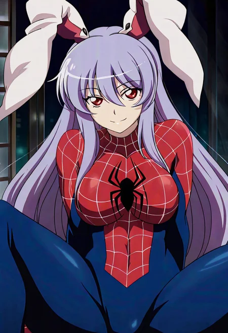 masterpiece,best quality,<lora:tgm-noob05:1>,anime coloring, 1girl, reisen udongein inaba, long_hair, solo, animal_ears, rabbit_ears, red_eyes, bangs, smile, looking_at_viewer, purple_hair, hair_between_eyes, spider-man outfit, spider-man suit, spider-man pajamas, peter parker, red and blue pajamas, large_breasts, seductive position, window, night, looking_at_viewer