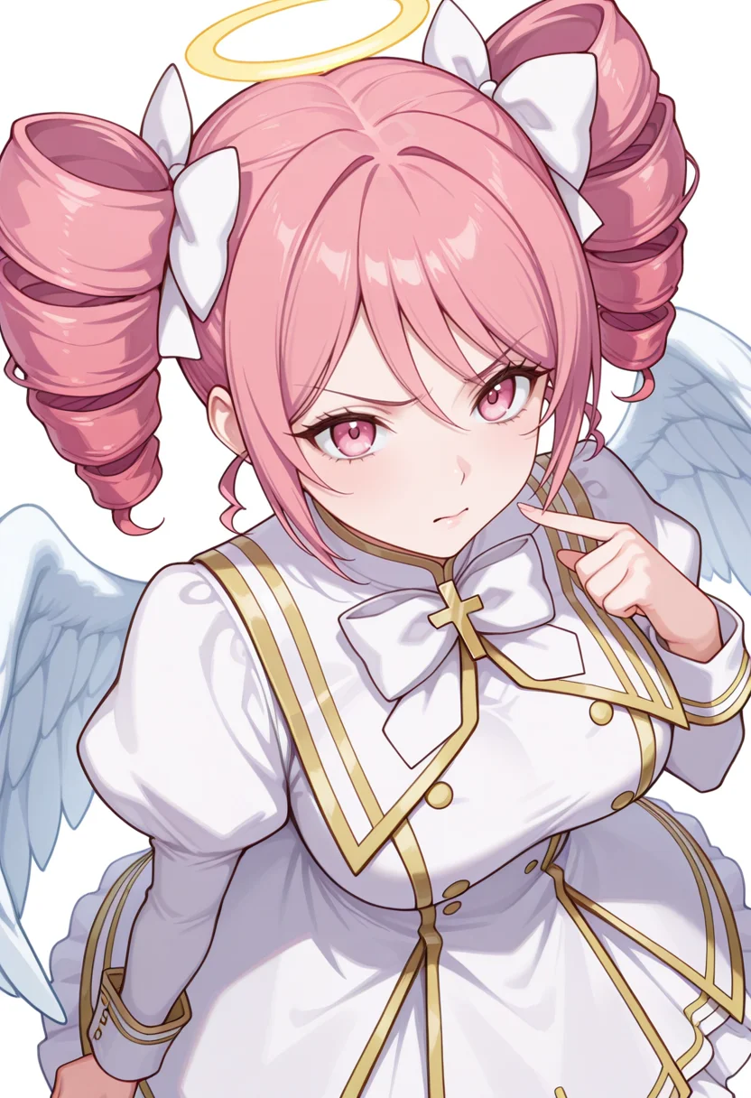 Smooth Quality,masterpiece,very intricate, high quality details, ultra realistic, high detailed skin,detailed enviorement,absurdres,
pointing at self,
<lora:Pino_CNR:0.8> pino_cnr, 1girl, pink hair, short hair, twintails, drill hair, pink eyes, large breasts,pino_cnr_def, white dress,white bow, hair bow, hair ribbon, cross,long sleeves, juliet sleeves, halo, angel wings,, disgust,, simple background, white background, from above,solo,