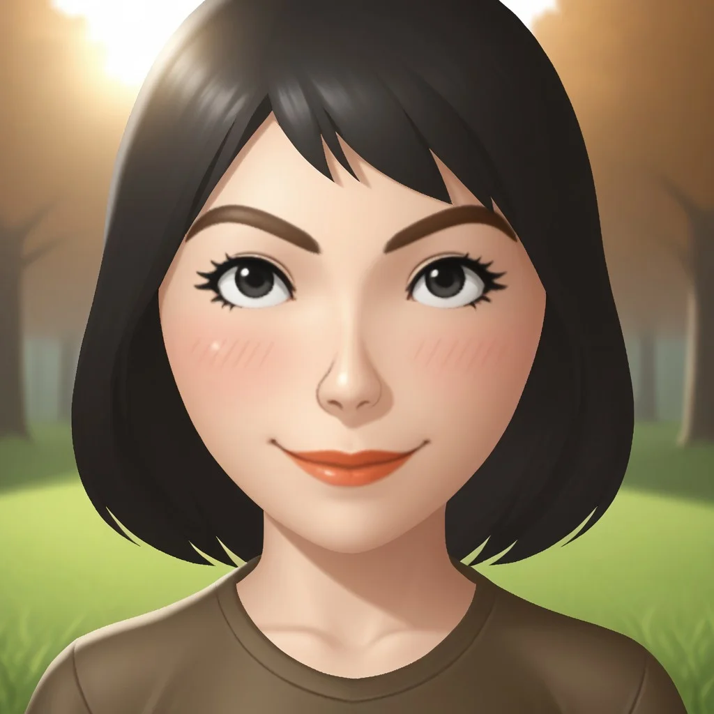 score_9, score_8, BREAK, solo, wii, mii, wii sports, 1girl, female mii, black eyes, black hair, brown eyebrows, lips, brown clothing, white pants, shoes, nintendo mii, modern_mii, classic_mii, breasts, misaki_\(\\wii_sports\\\), cute, blush, sexy pose, smile, outdoors, sunlight, shadows, evening lighting, natural lighting, forest, trees, grass, orange sky, sunset