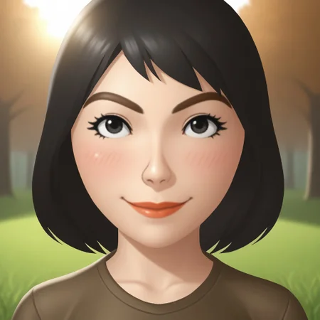 score_9, score_8, BREAK, solo, wii, mii, wii sports, 1girl, female mii, black eyes, black hair, brown eyebrows, lips, brown clothing, white pants, shoes, nintendo mii, modern_mii, classic_mii, breasts, misaki_\(\\wii_sports\\\), cute, blush, sexy pose, smile, outdoors, sunlight, shadows, evening lighting, natural lighting, forest, trees, grass, orange sky, sunset
