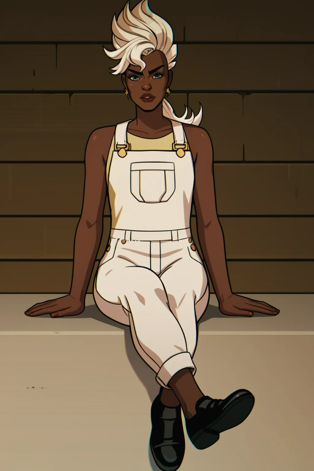 score_9, score_8_up, score_7_up, score_6_up, score_5_up, score_4_up, BREAK, <lora:Storm-000007:1>, 1girl, Ororo, blue eyes, very dark skin, white hair, mohawk, white overalls, yellow shirt, sleeveless, black shoes, sitting, legs crossed