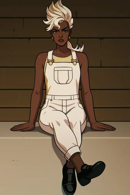 score_9, score_8_up, score_7_up, score_6_up, score_5_up, score_4_up, BREAK, <lora:Storm-000007:1>, 1girl, Ororo, blue eyes, very dark skin, white hair, mohawk, white overalls, yellow shirt, sleeveless, black shoes, sitting, legs crossed