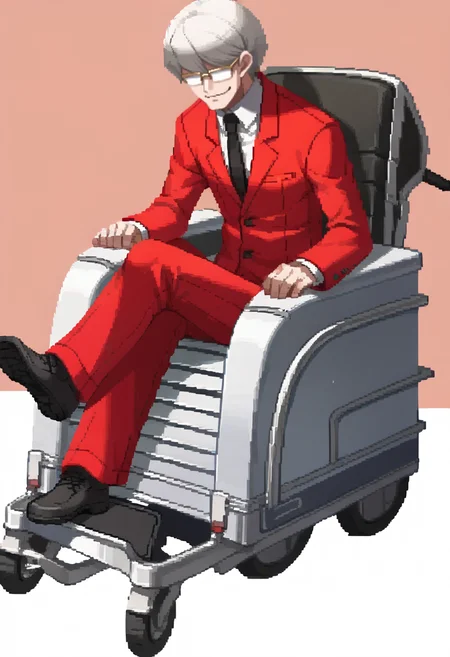 score_9, score_8_up, score_7_up, source_anime, BREAK, solo, 1boy, <lora:Dengeki_Bunko-pdxl_Fp:1>, simple background, full body,  <lora:zs_StephenXL:1>, stephensmt, grey hair, short hair, grey eyes, glasses, red blazer, white shirt, black tie, red pants, wheelchair, sitting, covered eyes, smug