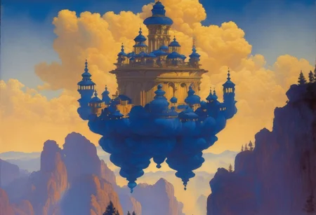 award winning painting of a floating castle in the air, epic composition, detailed, parts made of deep blue crystal, intricate, Maxfield Parrish Style page