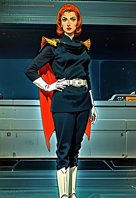 FGKycilia, 1girl, orange hair, no ears, black eyes, lipstick, solo, looking at viewer, military uniform, long sleeves, belt, cape, white gloves, pants, knee boots, helmet, sword on hip, spaceship interior, very ugly,