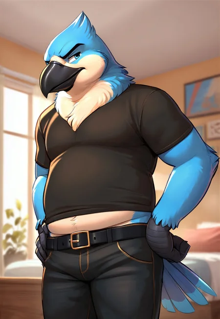 (two-toned, Furry), (male), ((amorous-Coby)), pastel-blue (bird), pastel-blue ((macaw)), pastel-blue feathers, blue eyes, black_scaly_hands, black hands, black forearms, chubby, dad-bod, grumpy, bird tail, feather tail, head feather, neck fluff, black beak, chubby cheeks, round beak, old,
black pants, black belt, dark-grey t-shirt,
hands on hips,
bedroom, apartment, rustic room,
(art, HD, good shadows, score_9, score_8_up, score_7_up),