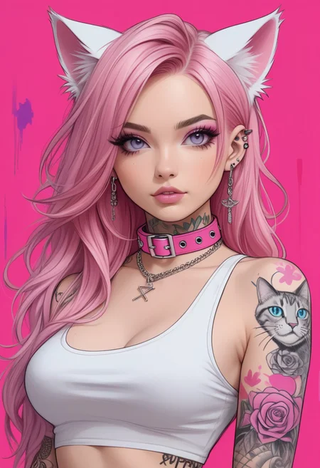 score_9, score_8_up, score_7_up, score_6_up pink hair, cat ears, pink collar, piercings, white crop top tattoos, sexy punk, long hair, colourful background
imbasketchstyle, sketch, paint , masterpiece, hyperrealistic, ultra detailed,
cute style,