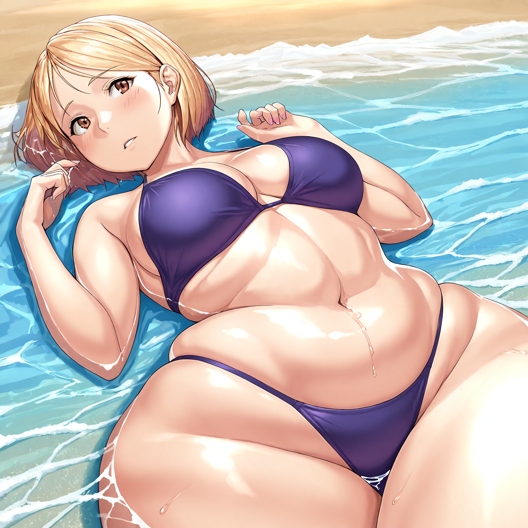 (masterpiece), best quality, (highly detailed), 1female, solo, <lora:Toroboro_Illustrious:0.8>, beach, massive hips, blonde hair, brown eyes, short hair, purple swim trunk, purple bikini top, medium breasts, wet, dripping water, in water, lying on back,