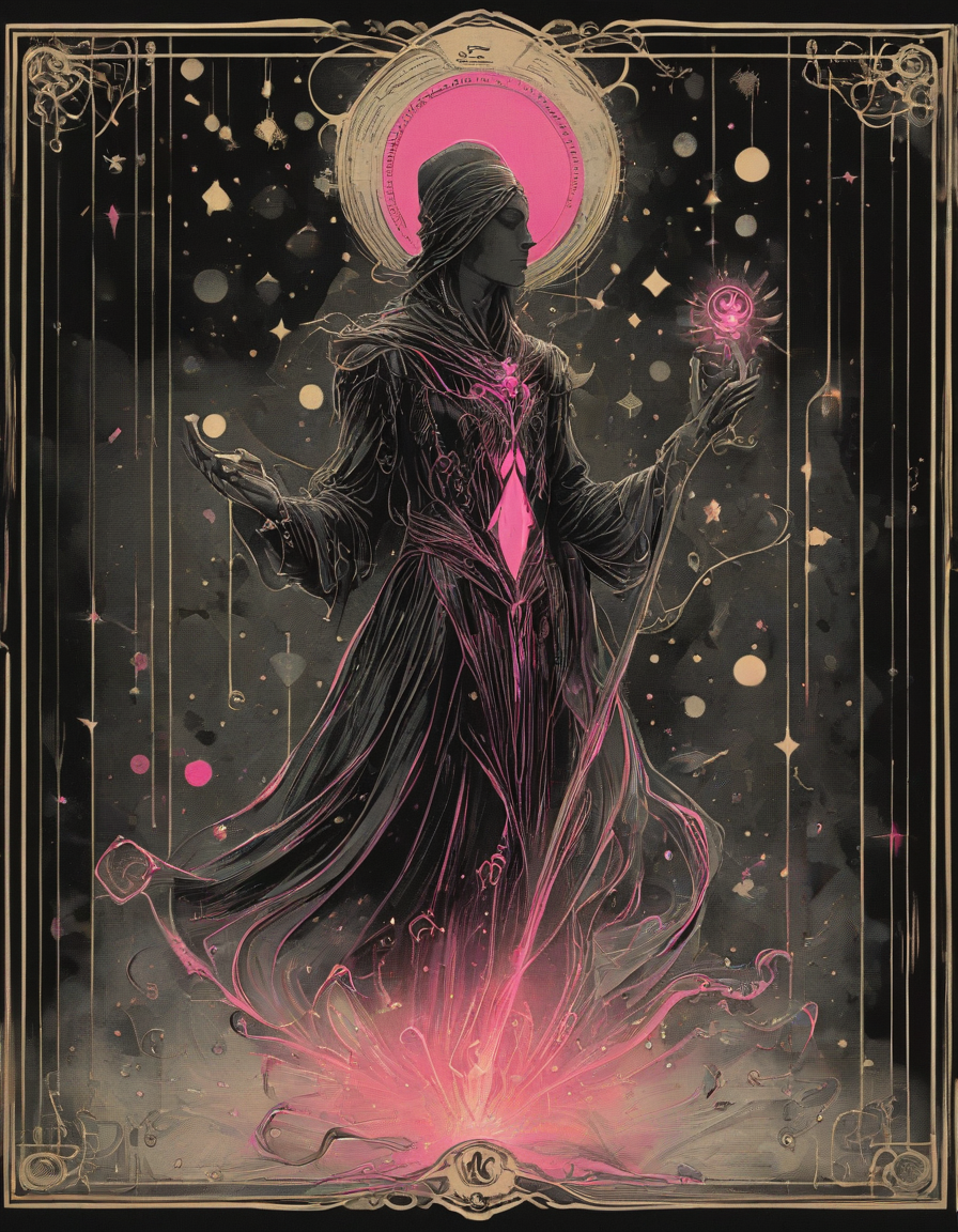 <lora:artfullyTAROT1LINE_SDXL_V1:1>,the front of an old card,tarot,tarot card,the magician,((1 line 1 color)),calligraphy,minimal,geometric,(2 colors total),lime,pink,black)) background,marker,((fine liner),masterpiece)),detailed,intricate,best quality,absurd resolution,tl4,sharp crisp ines,masterwork by artisan calligrapher,lines flow from one aspect to another,neon pink,nen liume,obsidian,ivory,vantablack,(((1 line ))) illustration,masterpiece,absurd resolution, vibrant colorstory, high contrast, holographic