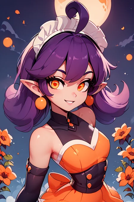 score_9, score_8_up, score_8, (curvy), cute, eyelashes, BREAK, StardustPumpkinsCitronOC, solo, long purple hair, orange eyes, ahoge, pointy ears, orange dress, elbow gloves, bare shoulders, maid headdress, jewelry, earrings, <lora:StardustPumpkins_CitronOC_PDXL_v1:0.8>, glowing eyes, upper body, orange moon, BREAK, smile, looking at viewer, ,,, shiny skin, <lora:ProAnime_PDXL_v1:0.8>, night garden, flowers, soft shadows, moonlight reflecting off skin, whisper of wind, ,,, embedding:zPDXL, Expressiveh, <lora:SDXLFaeTastic2400:0.5>, <lora:Expressive_H-000001:0.4>,