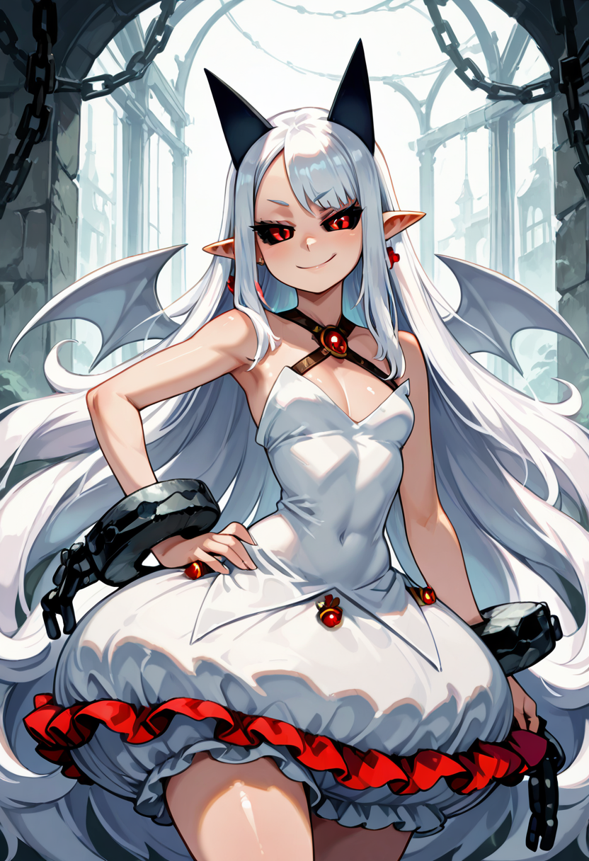 masterpiece, best quality, solo, curvy, beautiful eyes,  narrow waist, shiny skin,zzPram, 1girl, solo, long white hair, horns, pointy ears, red eyes, black sclera,,, jewelry, dress, bubble skirt, earrings, chain, bat wings, albino, shackles, criss-cross halter, ,<lora:PramPhantomKingdom_IXL_v1:1.0>, cowboy shot, hand on hip, smug, smile, looking at viewer, shiny skin,