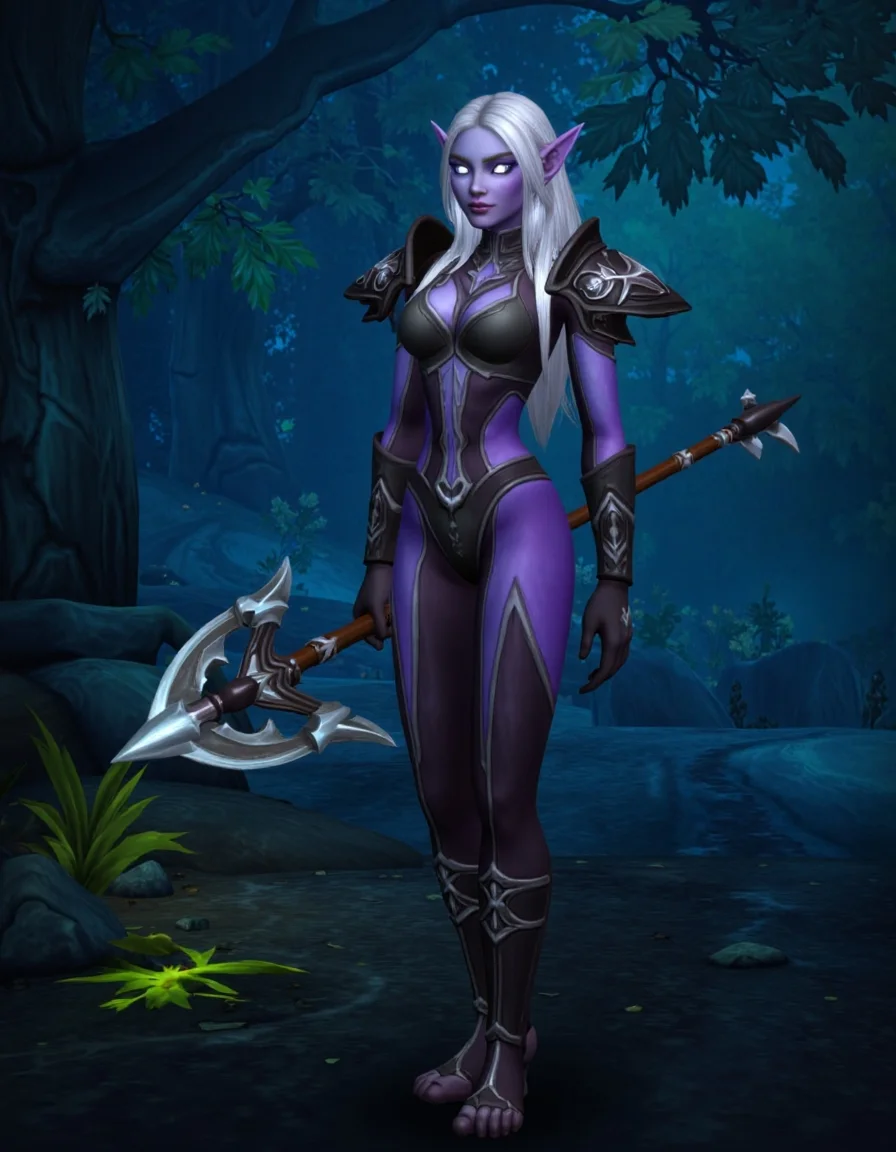 WOW_Character_Style, This image is a digital drawing of a World of Warcraft character, depicting a graceful and deadly female night elf sentinel. The night elf stands tall with a lithe, athletic build, her skin a deep shade of violet and her long, flowing silver hair cascading down her back. Her glowing, piercing silver eyes watch her surroundings with calm focus. She wears sleek, dark leather armor adorned with intricate elven symbols, blending into the shadows of the forest. In her hands, she holds a long, curved glaive, its blades shimmering faintly with moonlight. Her expression is serious and determined, a warrior bound to protect the forest.