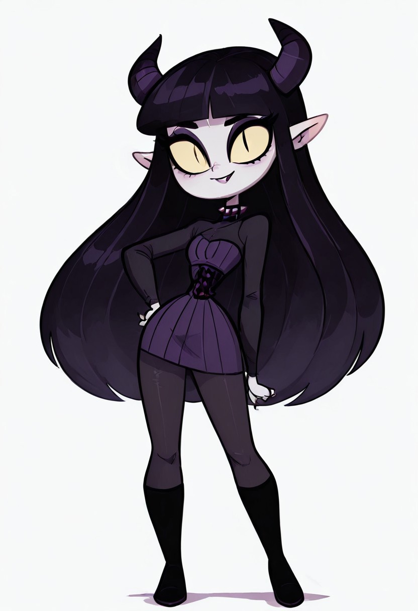 (masterpiece, best quality, good quality, very aesthetic, absurdres, newest:1.2),    1girl, solo, eyelashes, (beautiful eyes),   1girl, solo, long hair, black hair, purple and black hair, looking at viewer, horns, pointy ears, bangs, blunt bangs, slit pupils, yellow sclera, grey skin, makeup, eyeshadow, black lips, purple dress, black boots, knee boots, spikes, spiked collar, gothic, standing, full body, simple background, white background   ,      <lora:VampieNAI:0.8>, smile, hand on hip,  <lora:Diives_NAI:1.0>,