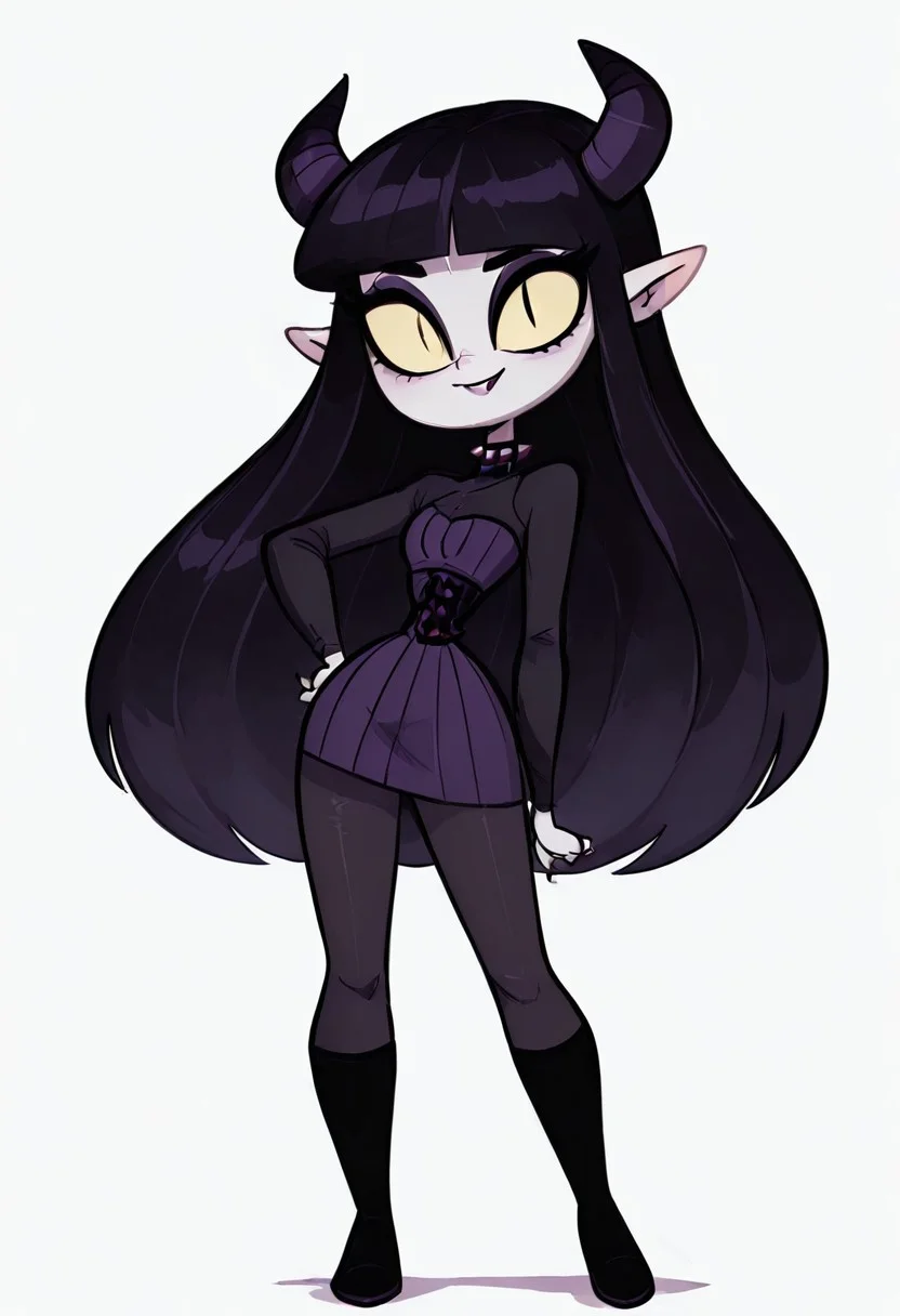 (masterpiece, best quality, good quality, very aesthetic, absurdres, newest:1.2), 1girl, solo, eyelashes, (beautiful eyes), 1girl, solo, long hair, black hair, purple and black hair, looking at viewer, horns, pointy ears, bangs, blunt bangs, slit pupils, yellow sclera, grey skin, makeup, eyeshadow, black lips, purple dress, black boots, knee boots, spikes, spiked collar, gothic, standing, full body, simple background, white background , <lora:VampieNAI:0.8>, smile, hand on hip, <lora:Diives_NAI:1.0>,
