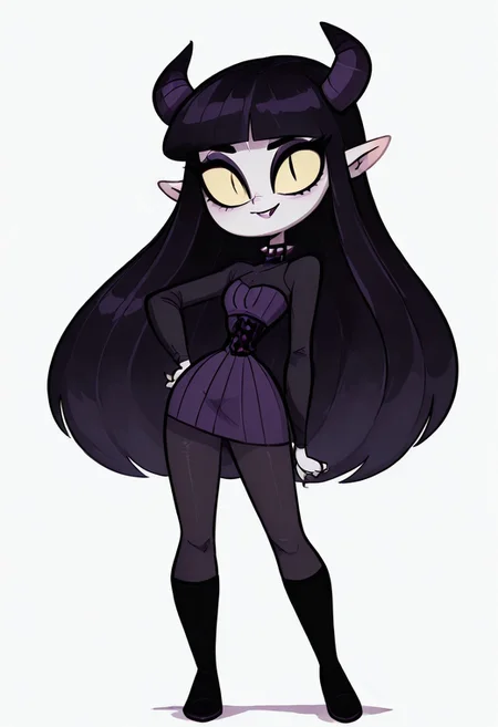 (masterpiece, best quality, good quality, very aesthetic, absurdres, newest:1.2), 1girl, solo, eyelashes, (beautiful eyes), 1girl, solo, long hair, black hair, purple and black hair, looking at viewer, horns, pointy ears, bangs, blunt bangs, slit pupils, yellow sclera, grey skin, makeup, eyeshadow, black lips, purple dress, black boots, knee boots, spikes, spiked collar, gothic, standing, full body, simple background, white background , <lora:VampieNAI:0.8>, smile, hand on hip, <lora:Diives_NAI:1.0>,