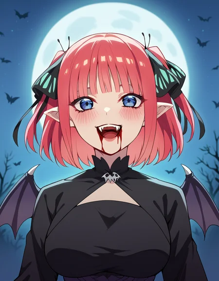 score_9, score_8_up, score_7_up, source_anime, <lora:nnakano-s2-ponyxl-lora-nochekaiser:1>, short hair, bangs, blue eyes, hair ornament, hair ribbon, pink hair, blunt bangs, two side up, butterfly hair ornament, large breasts,, <lora:vampire-ponyxl-lora-nochekaiser:1>, vampire, red eyes, pointy ears, fangs, black dress, wings, blood, blood on face, blood on mouth, bat (animal), halloween, halloween costume, upper teeth only, night, moon, blush, smile, open mouth,, looking at viewer