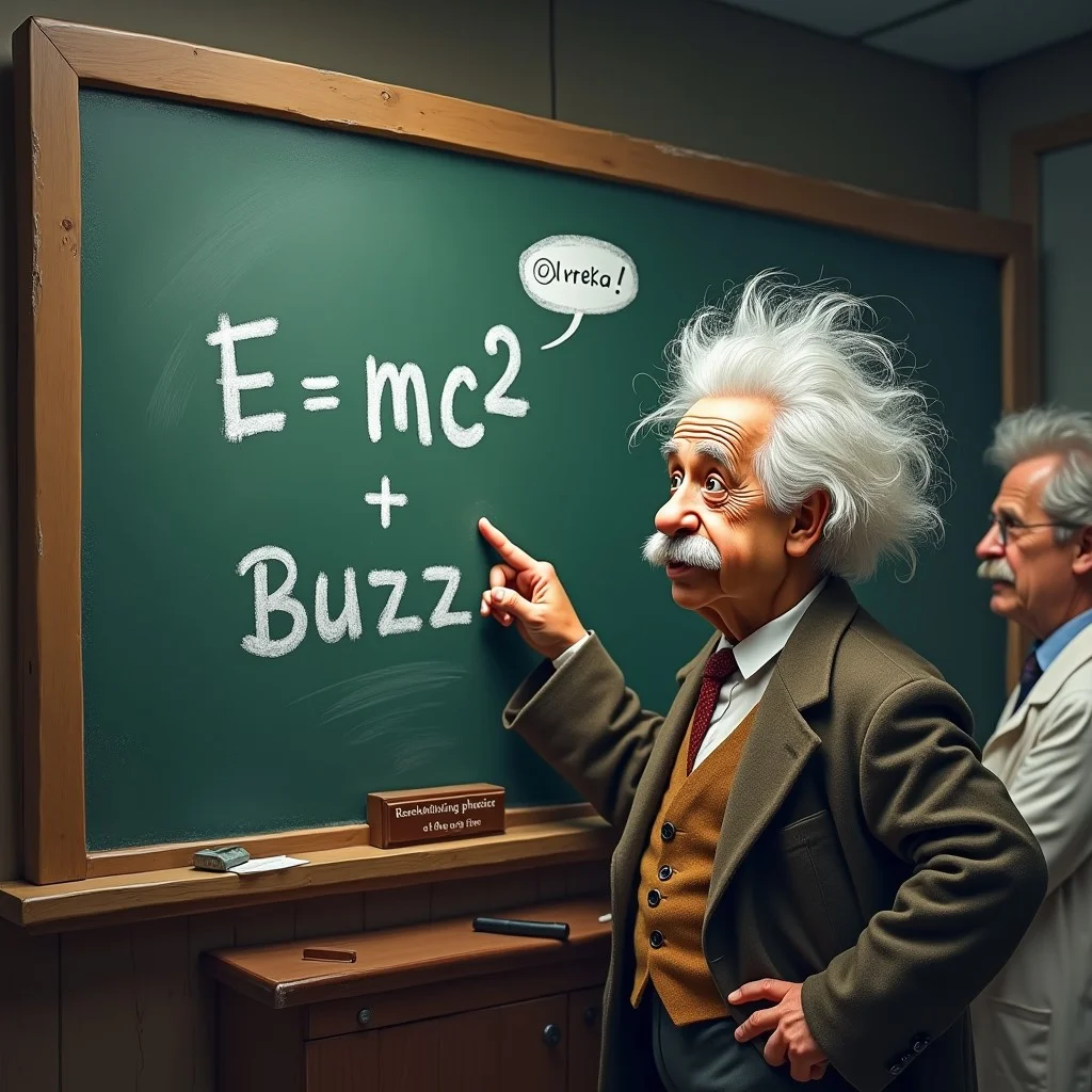 Albert Einstein standing at a chalkboard, his wild hair more disheveled than usual, eyes twinkling with excitement. He's pointing to a modified version of his famous equation, which now reads 'E = mc² + Buzz'. The chalk dust sparkles in the air, and a speech bubble near Einstein says 'Eureka! The missing variable!'. In the background, other scientists look on in awe, their lab coats rustling as they lean in to see the groundbreaking discovery. A small plaque on the chalkboard frame reads 'Revolutionizing physics, one Buzz at a time.'