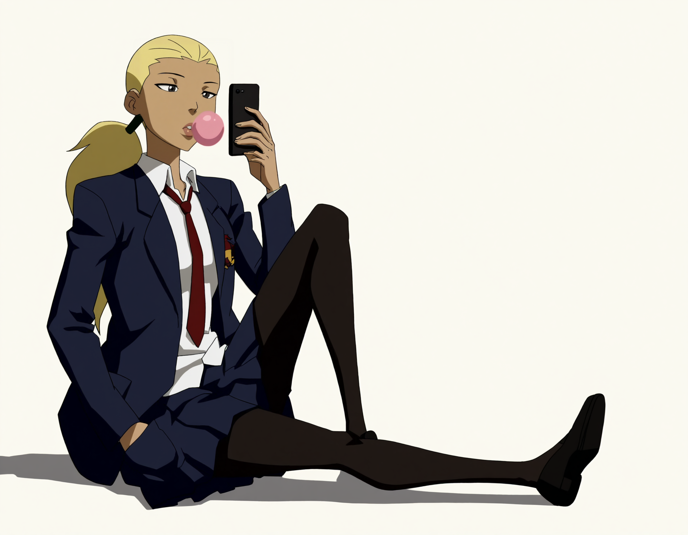 full body, solo, perfect composition, shadows, shading, <lora:anime_screencap-Illustrious:0.65> anime screencap, anime coloring, very aesthetic, absurdres, zPDXL, <lora:Pony_DetailV2.0:0.5> <lora:illustrious_quality_modifiers_masterpieces_v1:1>
<lora:A2rt_fix:1> art3m1s1l, 1girl, low ponytail, hair tie, hair slicked back, female focus, looking at phone, bored, blowing bubbles, chewing gum, defined lips, laying on back, sitting, hand up, hand in pocket, 
pr3p3y_uniform, blue blazer, medium breasts, toned body, white shirt, collared shirt, red tie, blue skirt, black pantyhose, shoes, 
white background, simple background,