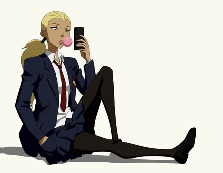 full body, solo, perfect composition, shadows, shading, <lora:anime_screencap-Illustrious:0.65> anime screencap, anime coloring, very aesthetic, absurdres, zPDXL, <lora:Pony_DetailV2.0:0.5> <lora:illustrious_quality_modifiers_masterpieces_v1:1>
<lora:A2rt_fix:1> art3m1s1l, 1girl, low ponytail, hair tie, hair slicked back, female focus, looking at phone, bored, blowing bubbles, chewing gum, defined lips, laying on back, sitting, hand up, hand in pocket,
pr3p3y_uniform, blue blazer, medium breasts, toned body, white shirt, collared shirt, red tie, blue skirt, black pantyhose, shoes,
white background, simple background,