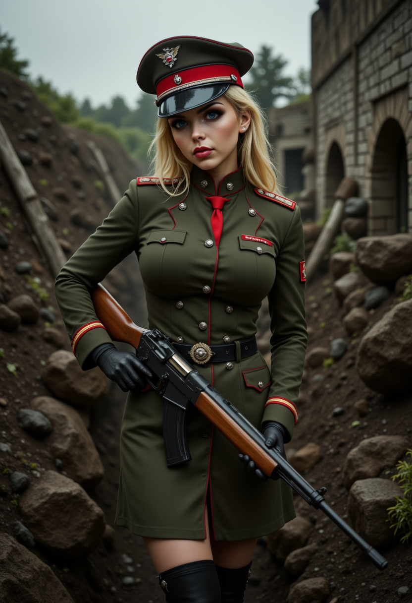 She is approximately 18 years old, petite, Full body view,dynamic angles, photoshoot poses, she has an evil smile, She has blonde hair, A photo of T@nya_TE a young woman,is dressed in a military uniform, black thigh highs, and black boots, with a hat and a tie. She is looking at the camera. The photo is in a black and white style, giving it a vintage feel. she is wearing a green jacket and a red tie, which adds a pop of color to the image. The background is blurred, focusing the viewer's attention on  her uniform. She is holding a vintage ww2 rifle, she is in a trench, she is shooting at enemy soldiers. she is looking directly at the camera with a evil expression on her face.  The overall mood of the image is intense and dramatic,RAW candid cinema,16mm,color graded portra 400 film,remarkable color,ultra realistic,textured skin,remarkable detailed pupils,realistic dull skin noise,visible skin detail,skin fuzz,dry skin,shot with cinematic camera,detailed skin texture,(blush:0.2),(goosebumps:0.3),subsurface scattering,beautiful photograph in the style of Augustus John,Sergio Toppi,Virginia Frances Sterrett,8k HD,detailed skin texture,ultra realistic,textured skin,analog raw photo,cinematic grain,whimsical.perfection style,aidmareduxstyle, aidmafluxpro1.1,aidmamj6.1