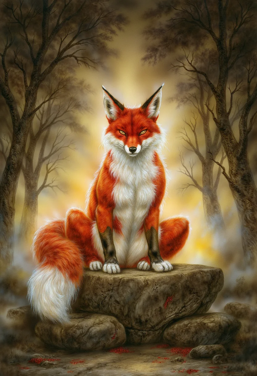 Fantasy art by Lr0y0 of A fox sitting on rocks with an intense gaze towards the camera. It is surrounded by a forest with fiery sparks or embers floating in the air, giving the scene a mystical and dramatic atmosphere. The fox's eyes glow brightly, enhancing its fierce expression.