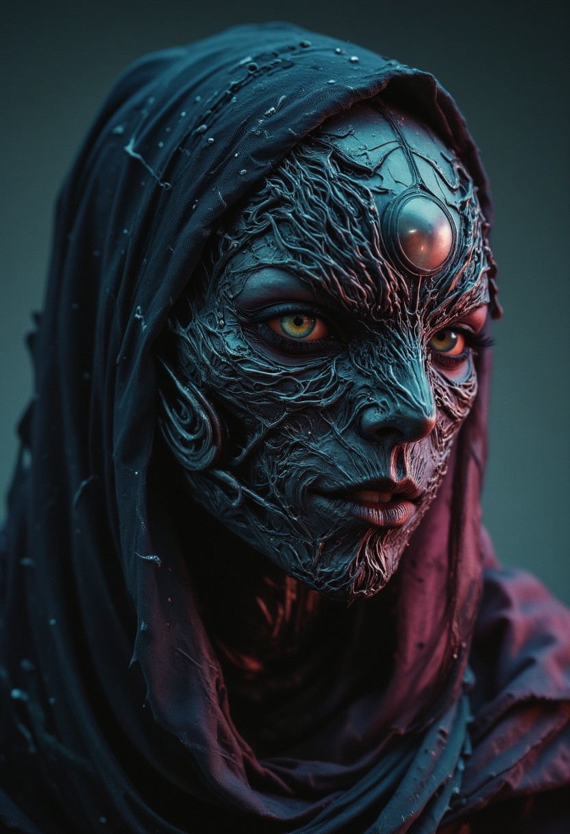 A super close-up portrait of a neon-renaissance assassin, she wears a highly intricate essembled Victorian Sci-fi Mask Made of the finest alloys, her translucent neon cloak flowing behind her, softly illuminated by backlight. A haunting, dark portrait of a woman, her face a fusion of organic and mechanical elements in the style of H.R. Giger. The close-up shot reveals a biomechanical mask that has grown into her skin, a grotesque yet beautiful merging of flesh and metal. The mask appears almost alive, made from a nightmarish blend of organic tissues and cold, industrial materials — wires and cables intertwining with veins and sinew, wrapping around her jaw and temples.