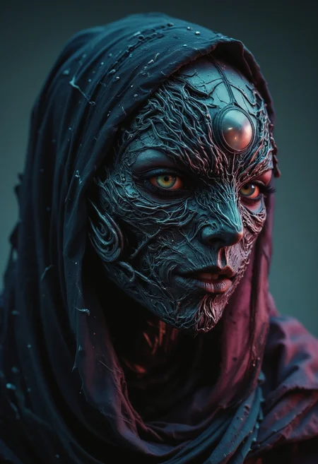 A super close-up portrait of a neon-renaissance assassin, she wears a highly intricate essembled Victorian Sci-fi Mask Made of the finest alloys, her translucent neon cloak flowing behind her, softly illuminated by backlight. A haunting, dark portrait of a woman, her face a fusion of organic and mechanical elements in the style of H.R. Giger. The close-up shot reveals a biomechanical mask that has grown into her skin, a grotesque yet beautiful merging of flesh and metal. The mask appears almost alive, made from a nightmarish blend of organic tissues and cold, industrial materials — wires and cables intertwining with veins and sinew, wrapping around her jaw and temples.