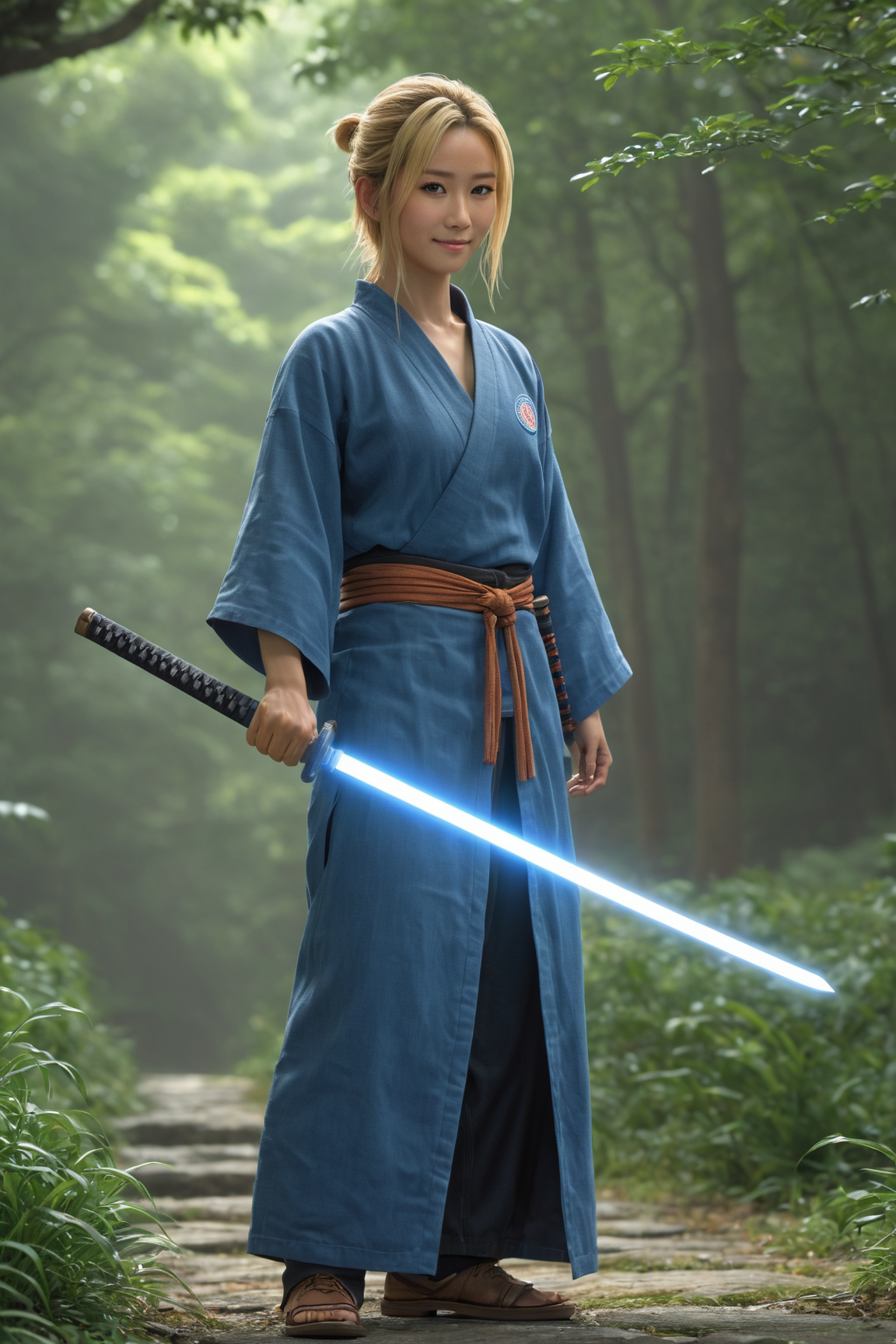 American,  blonde ,full body length photorealistic cinematic ,,mystical,by Makoto Shinkai and Noriyoshi Ohrai,  healer wielding a katana <lora:katana:0.35>