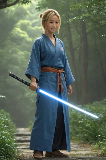 American, blonde ,full body length photorealistic cinematic ,,mystical,by Makoto Shinkai and Noriyoshi Ohrai, healer wielding a katana <lora:katana:0.35>