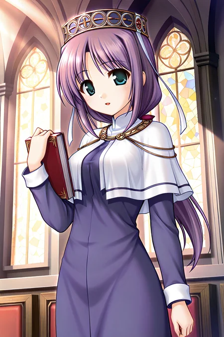 masterpiece, best quality, absurdres, official art, official style, rating generael BREAK <lora:lavria_IL_v1-1:0.7>, lavria, 1girl, solo, aqua eyes, green eyes, purple hair, very long hair, parted bangs, hair intakes, sidelocks, low ponytail, hair bow, pink bow, medium breasts, hat, hat ribbon, white ribbon, headdress, priest, nun, necklace, habit, white capelet, purple dress, long dress, long sleeves, cowboy shot, holding book, association, stain glass, indoors, glowing to background, afterglow, sunlight, smile, open mouth, :o, from below, dutch angle