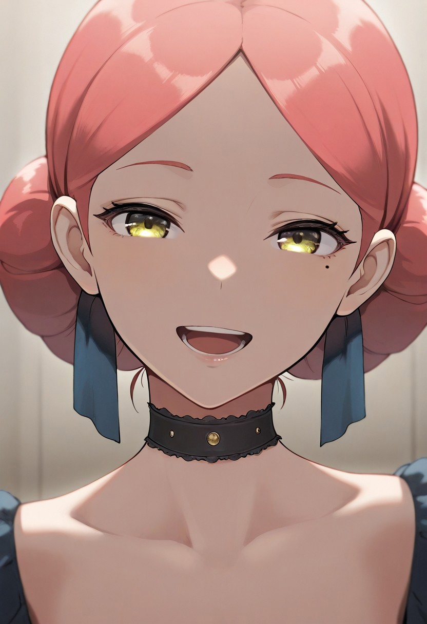 masterpiece,best quality,amazing quality, luka, light red hair, hair bun, yellow eyes, 1girl, solo,  open mouth, mole, mole under eye, smile, choker