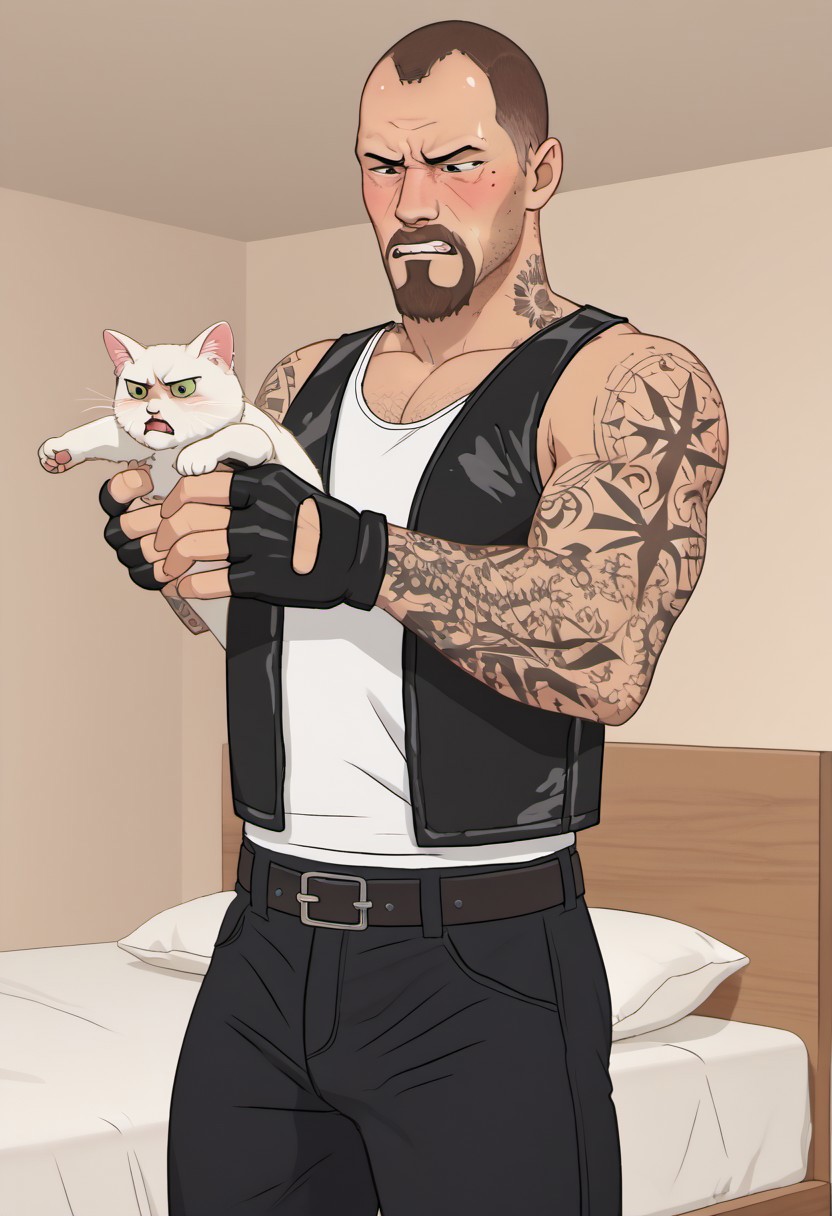 score_9, score_8_up, score_7_up, source_anime, 
1man, solo, FrancisL4D, source_game, male, solo male, human, broad shoulders, mature male, brown eyes, muscular male, athletic build, sleeve tattoos, shaved head, very short hair, very short brown hair, goatee, mustache, facial hair, stubble, scruffy, tough, rugged, manly, anime screencap, blush,black leather vest, white tank top, scowl, annoyed, teeth, black belt, leather pants, black pants, fingerless gloves, black gloves, stomach, angry vein,
 <lora:longcat-ponyxl-lora-nochekaiser:1> longcat, longcat (meme), armpit carry, meme, holding cat, holding animal, white cat, animal,,  bed room, looking down,, cowboy shot,