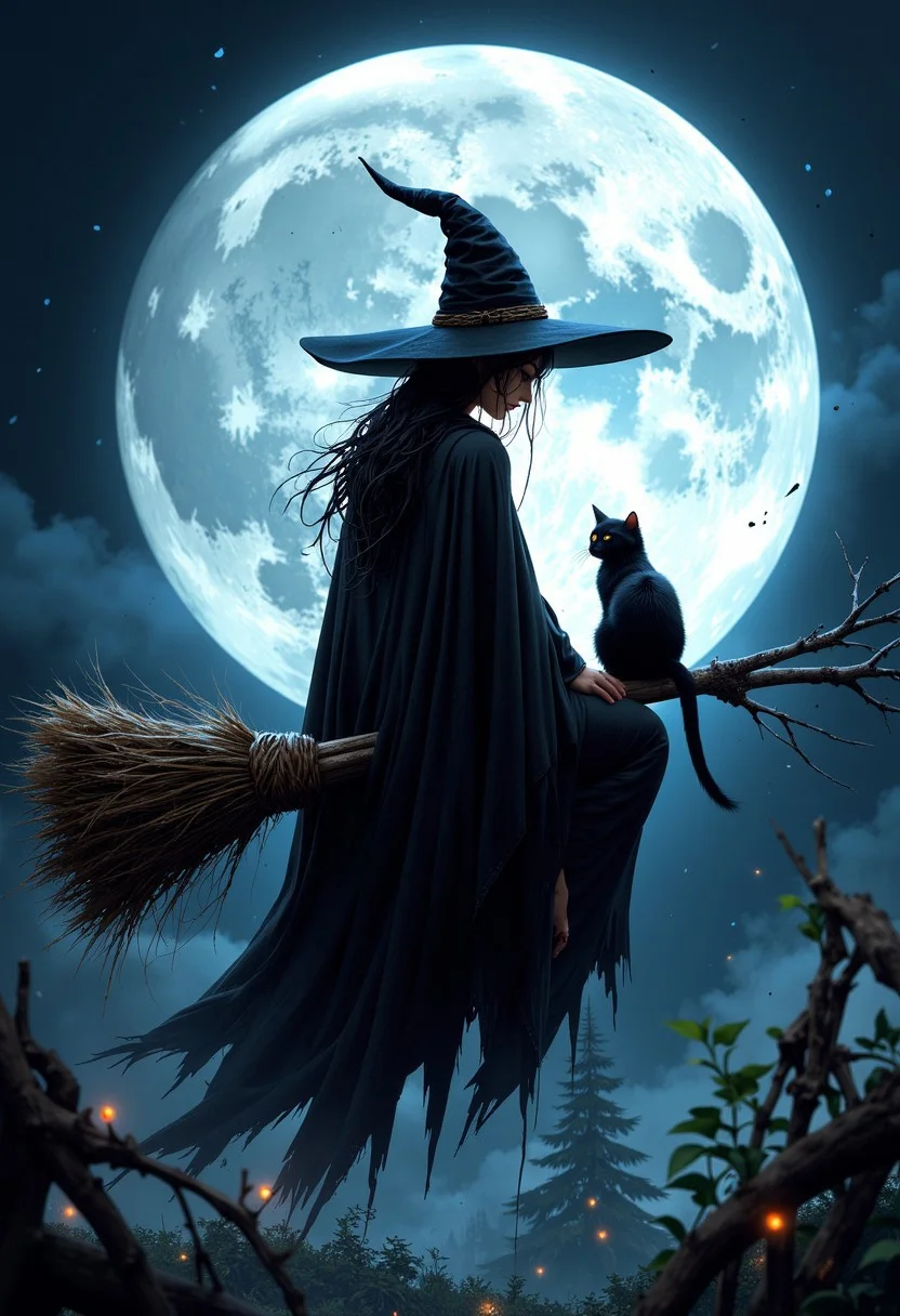 Masterpiece. Illustration of a silluette of witch and her cat sitting on a broomstick in front of a full moon. The witch is wearing a pointed hat and a long cloak. The cat is sitting on the broomstick behind the witch. The background is dark, with a hint of blue and white, and the moon is partially visible behind a fog. The overall mood of the image is eerie and mysterious. high-res, semi realistic, best quality, intricate details, ultra details, good lighting, vibrant colors, very detailed, octane render, ray tracing, mythp0rt.