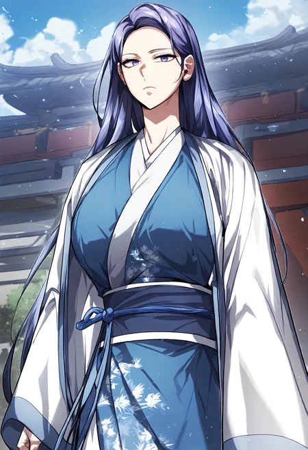 score_9, score_8_up, score_7_up, score_6_up, source_anime, rating_explicit, 1girl, (solo:1.1), huge breasts, <lora:Jin Liyeon prefectPonyxl:1> long hair, black hair, purple eyes, blue hair, purple hair, japanese clothes, white robe, blue kimono, sash, long sleeves, wide sleeves, expressionless, east asian architecture, outdoors, looking at viewer, standing