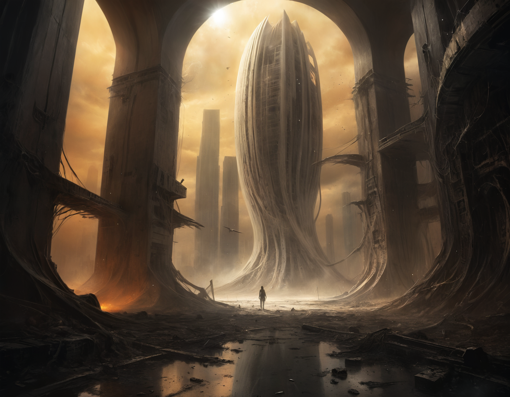 The wind howled mournfully through the corridors of an abandoned skyscraper, its hollow echoes carrying tales of a world where humans and aliens coexisted in harmony, until a cataclysmic event shattered their utopia into dust and dreams, b3ks1n