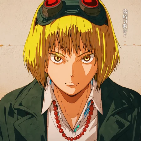 Gumi, Gumi Megpoid, solo, looking at viewer, short hair, blonde hair, shirt, jewelry, closed mouth, jacket, yellow eyes, upper body, necklace, goggles, goggles on head <lora:Gumi-000005:1>